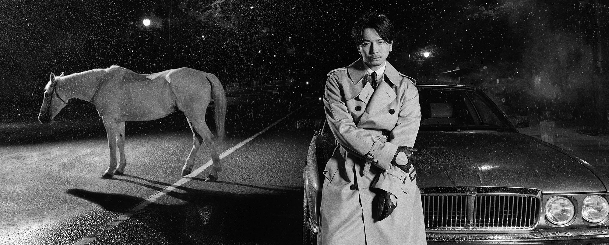 Jun Matsumoto, a white horse and a car on a road at night