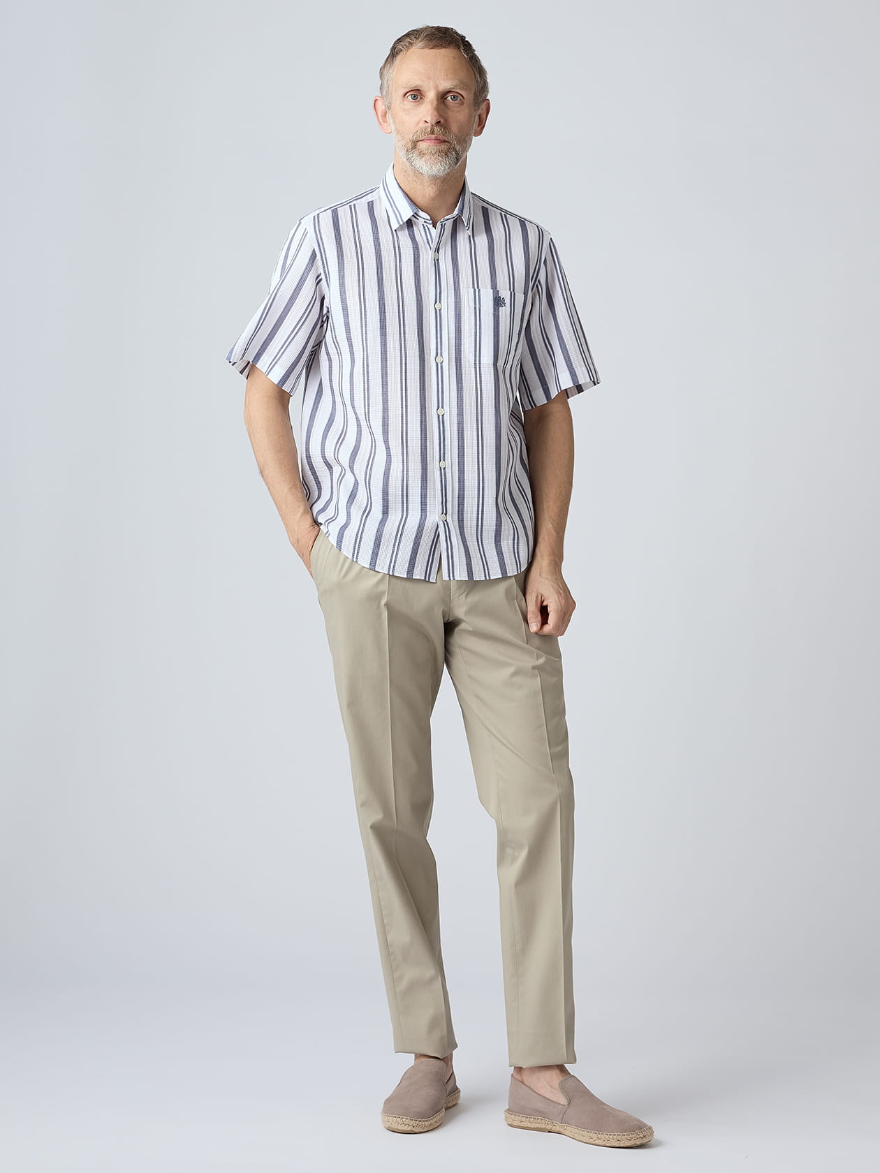 KING SIZE】Waffle Multi Stripe Short Sleeve Shirt