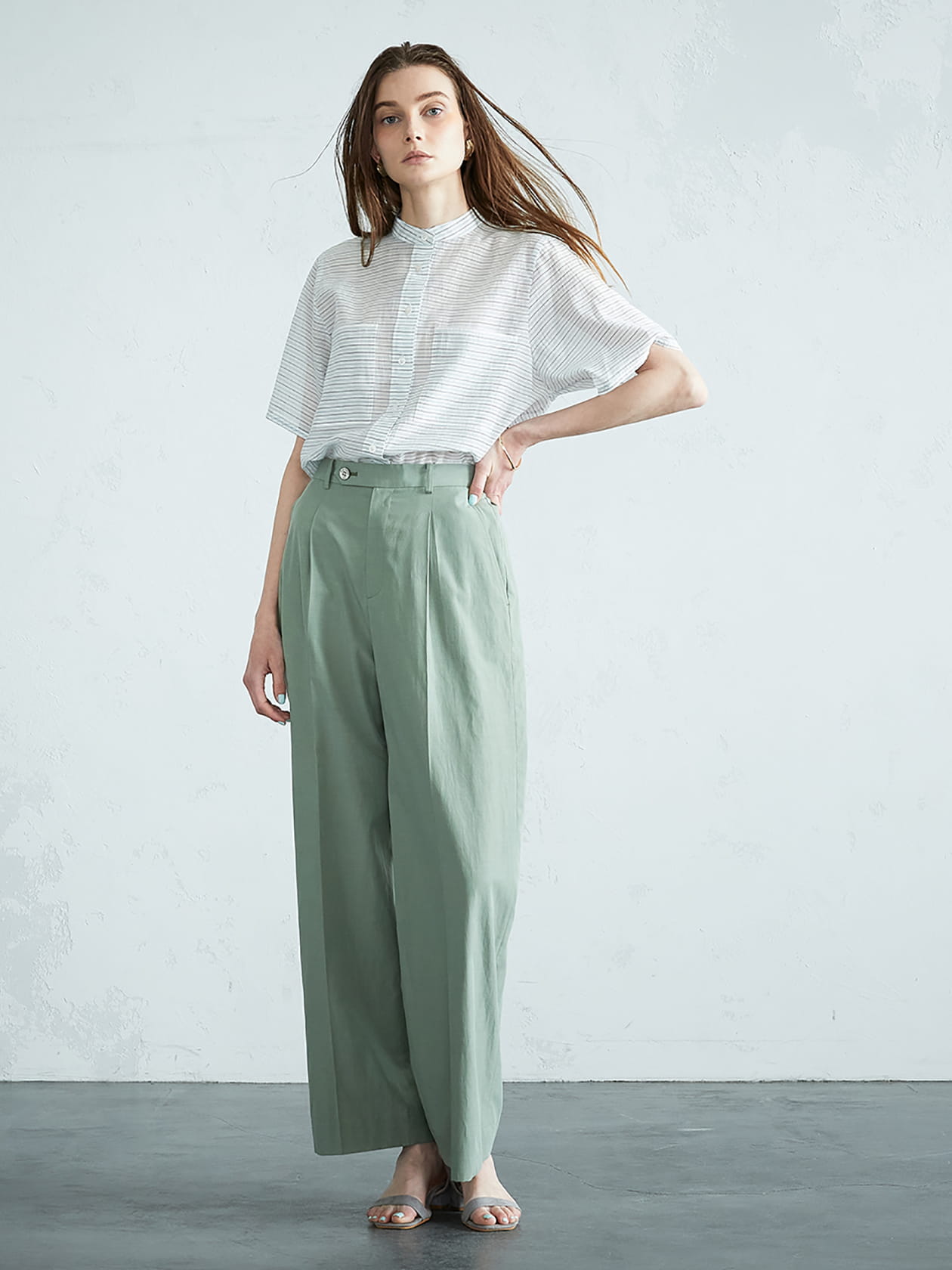 シアーボーダー五分袖シャツ