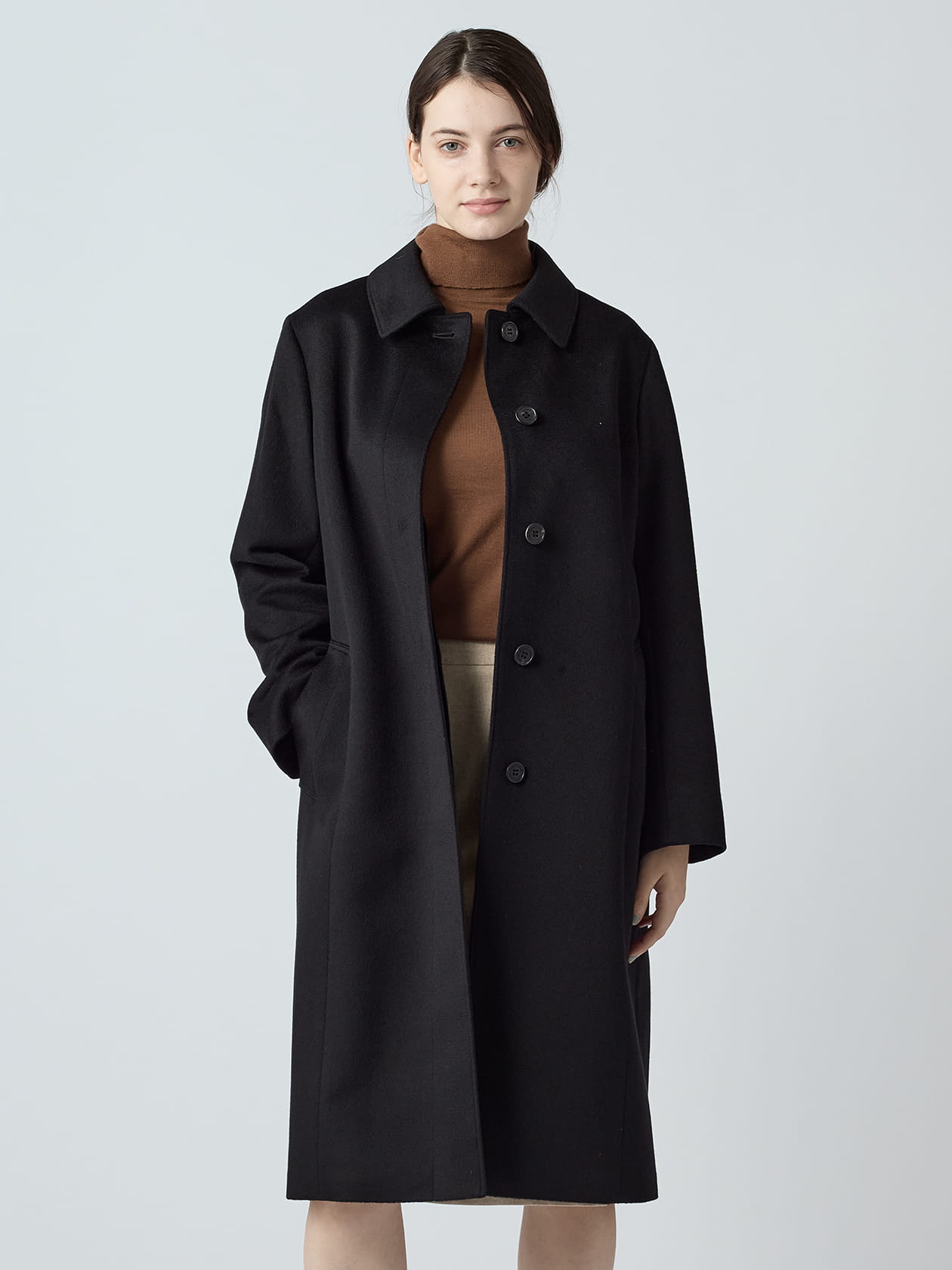 【エフデ】カシミヤ100％ Aライン　ベルト　ステンカラー　コート ブラック ステンカラーコート レディース カシミヤ 100% Aライン コート