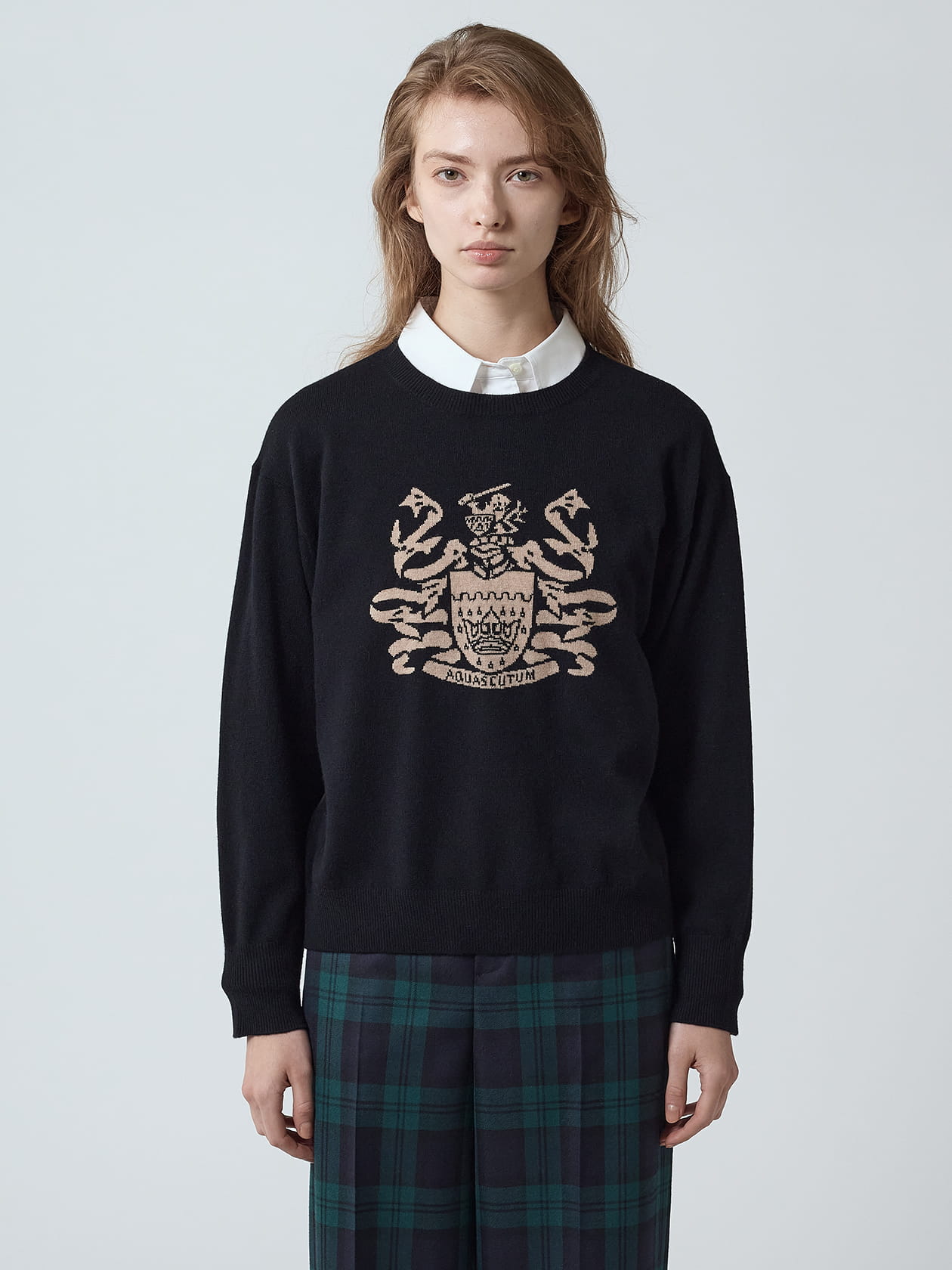 GREED International カシミヤ混 刺繍ニット カシミヤ混 クレストインターシャニット