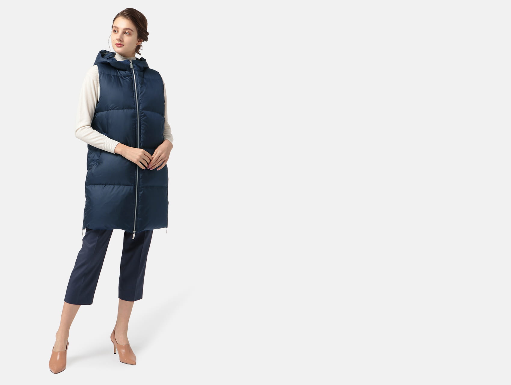 フーデッドロングダウンベスト