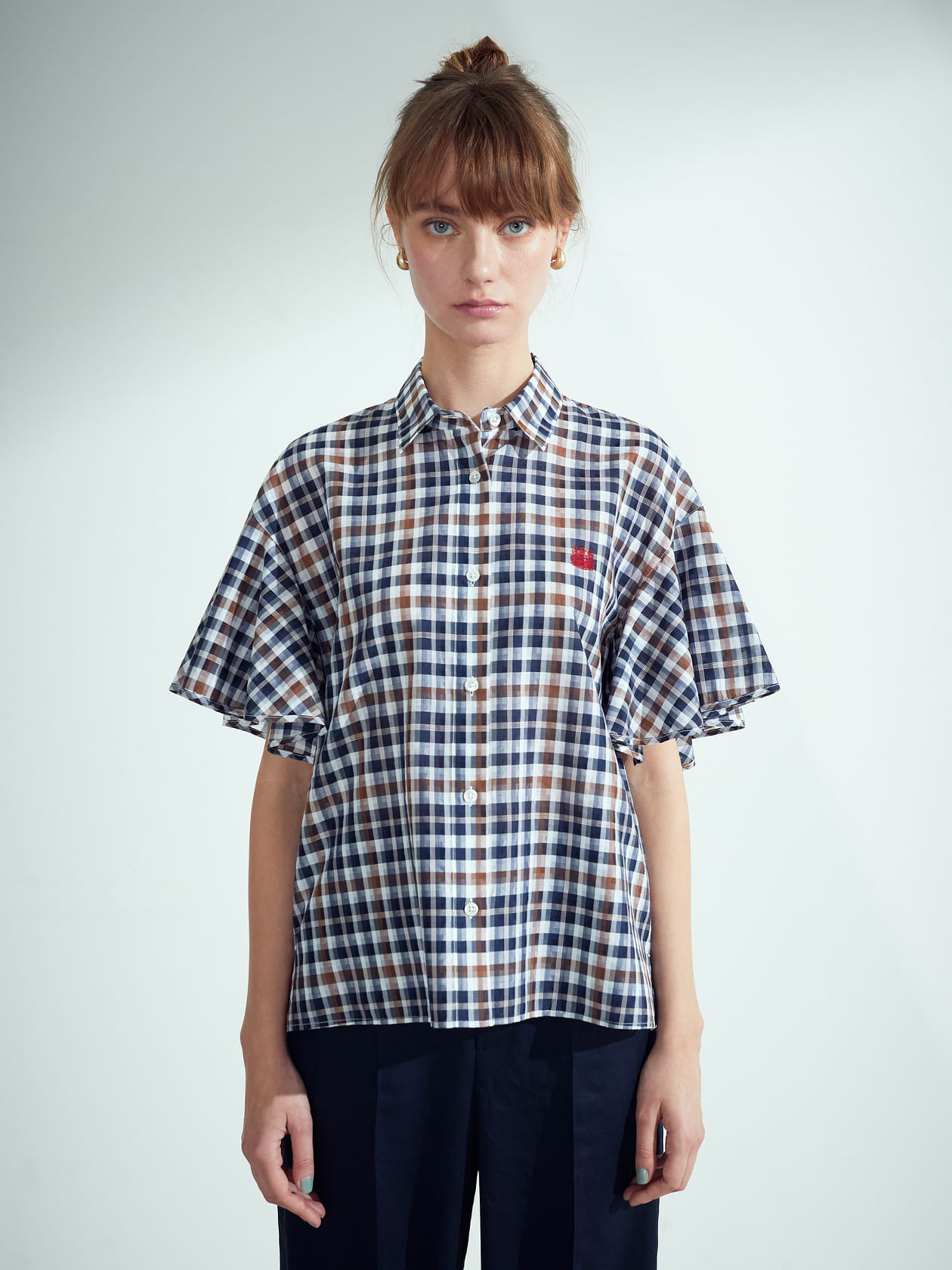 ニュアンスチェック フレア袖シャツ