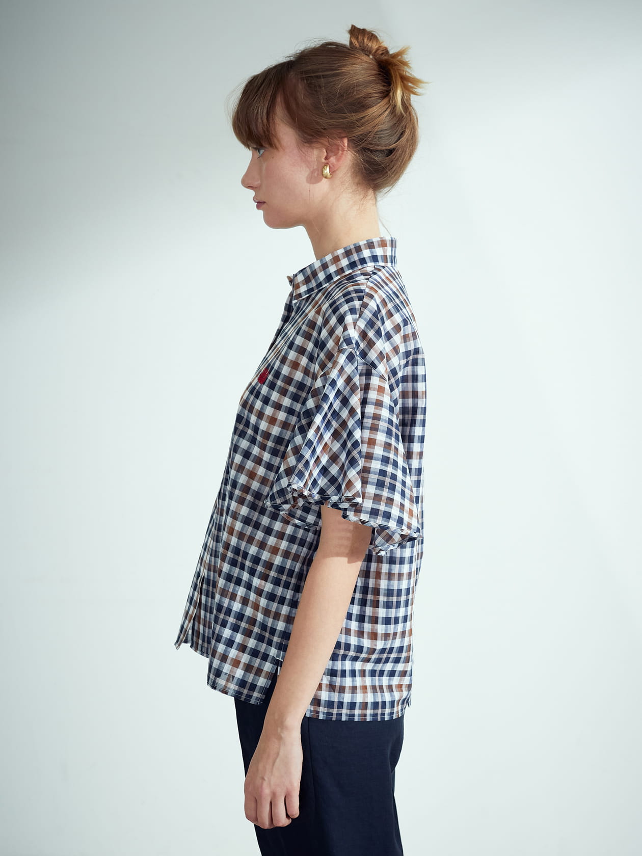 ニュアンスチェック フレア袖シャツ